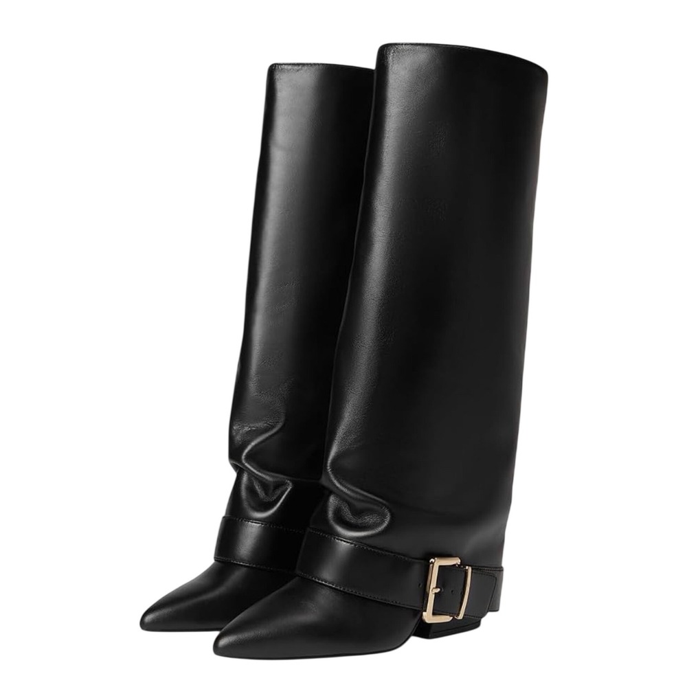 Steve Madden Illuzion Black Leather Knee High Boots 8 Buckle Pointed Toe